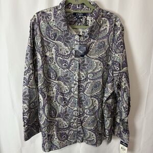 NWT CHAPS Top Womens 3X Purple Paisley Button Up No Iron Cotton Plus Work Fall